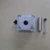 flask with luer-locking filling material tube, and push rod tool for injection